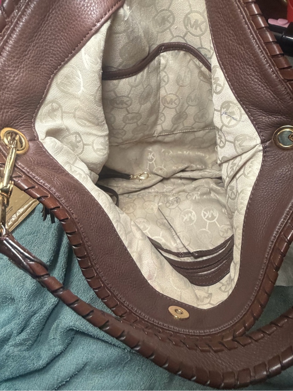 Michael Michael Kors Gold Metallic Canvas Hobo Bag Brown Whipstitch Leather Trim - Picture 13 of 14